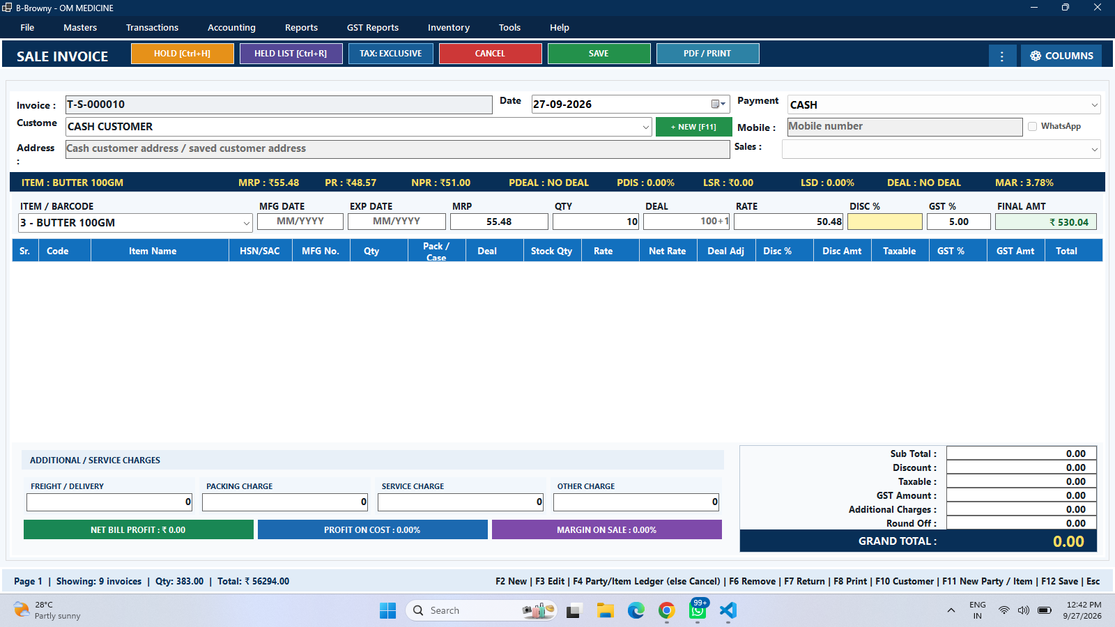 B-Browny Sale Invoice screen